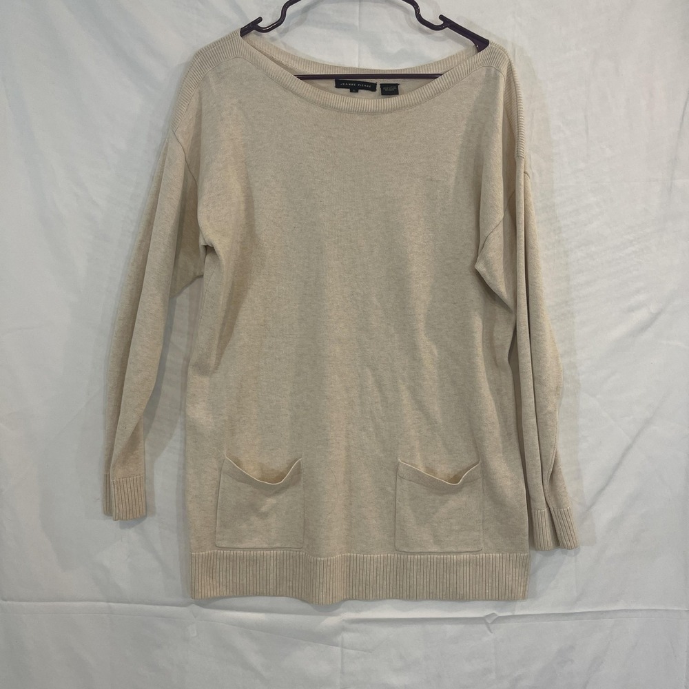 Jeanne Pierre Sweater Womens Large Beige Cotton Knit‎ Tunic Pockets Boat Neck